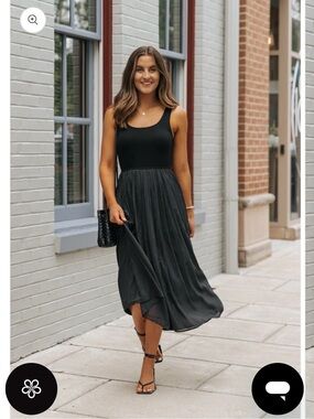 Classic Black Midi dress- Women's Pleated Flow dress
